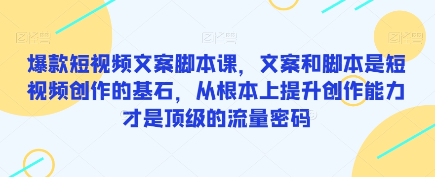 爆款短视频文案脚本课，文案和脚本是短视频创作的基石，从根本上提升创作能力才是顶级的流量密码-副业资源站 | 数域行者