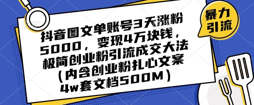 抖音图文单账号3天涨粉5000，变现4万块钱，极简创业粉引流成交大法-副业资源站 | 数域行者