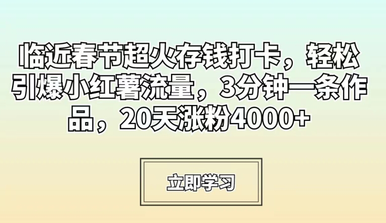 临近春节超火存钱打卡，轻松引爆小红薯流量，3分钟一条作品，20天涨粉4000+【揭秘】-副业资源站 | 数域行者