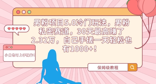 男粉项目5.0冷门玩法，男粉私密赛道，30天最高赚了2.32万，自己手搓一天轻松也有1000+【揭秘】-副业资源站 | 数域行者