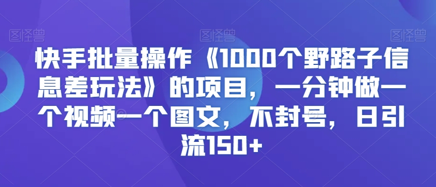 快手批量操作《1000个野路子信息差玩法》的项目，一分钟做一个视频一个图文，不封号，日引流150+【揭秘】-副业资源站 | 数域行者