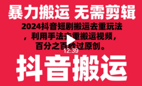 2024最新抖音搬运技术，抖音短剧视频去重，手法搬运，利用工具去重，达到秒过原创的效果【揭秘】-副业资源站 | 数域行者