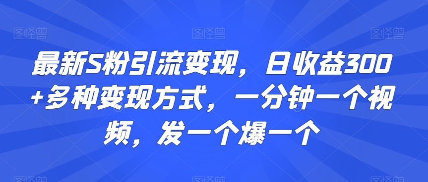 最新S粉引流变现，日收益300+多种变现方式，一分钟一个视频，发一个爆一个【揭秘】-副业资源站 | 数域行者