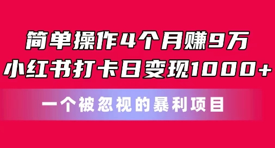 简单操作4个月赚9w，小红书打卡日变现1k，一个被忽视的暴力项目【揭秘】-副业资源站 | 数域行者