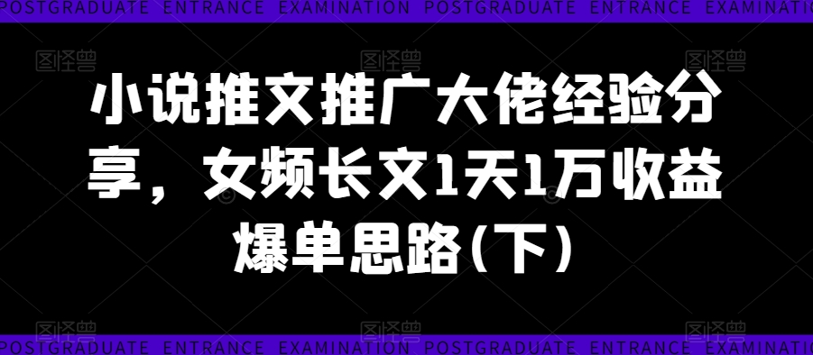 小说推文推广大佬经验分享，女频长文1天1万收益爆单思路(下)-副业资源站 | 数域行者