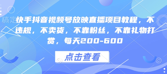 快手抖音视频号放映直播项目教程，不违规，不卖货，不靠粉丝，不靠礼物打赏，每天200-600-副业资源站 | 数域行者