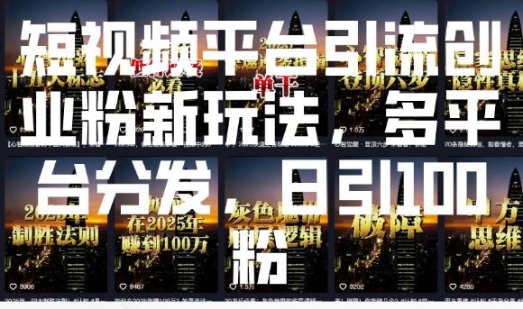 短视频平台引流创业粉新玩法，多平台分发，日引100粉-副业资源站 | 数域行者